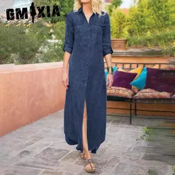 GMXIA Летние женские свободные однотонные повседневные однобортные джинсовые платья S светло-синий