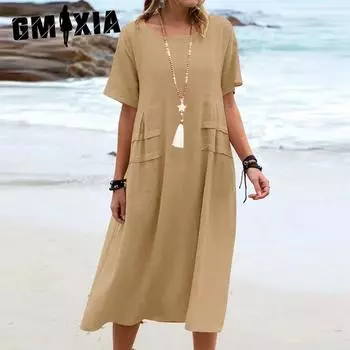 GMXIA Летние женские свободные повседневные хлопковые льняные однотонные платья миди с коротким рукавом и круглым вырезом S хаки