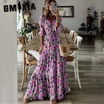 GMXIA Летние женские темпераментные праздничные платья с V-образным вырезом и принтом, длинные платья с большим качелями S серый