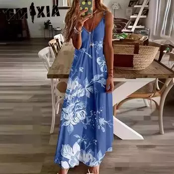 GMXIA Летние женские узкие и облегающие праздничные платья в стиле бохо с бретелью через шею S синий