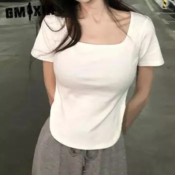 GMXIA Летний чистый ветер большой U-образный вырез Spice Girl топ тонкий тонкий нерегулярный короткий рукав футболка женская M чёрный