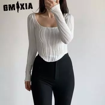 GMXIA Летний дизайн Sense плиссированный U-образный вырез простой однотонный тонкий топ с длинными рукавами для женщин S белый