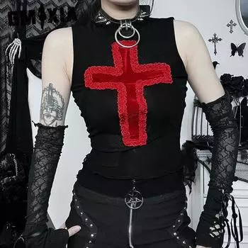 GMXIA Летний хипстерский топ в уличном стиле, индивидуальный тонкий жилет с перекрестным халтером, женская одежда S чёрный