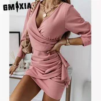 GMXIA Летний и осенний темперамент Повседневный однотонный V-образный вырез Длинный рукав Простой модный интригующий платье Короткая юбка S розовый