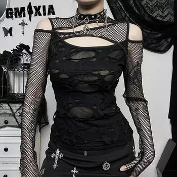 GMXIA Летний индивидуальный женский темный стиль Spice сексуальный тонкий сетчатый топ с длинным рукавом для женщин S чёрный