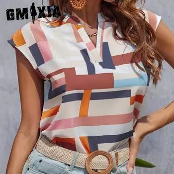 GMXIA Летний модный принтованный шифоновый пуловер с рукавами «летучая мышь» и V-образным вырезом для женщин S