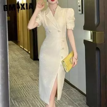 GMXIA Летний пригородный профессиональный женский костюм для торжественных случаев с пышными рукавами, тонкое платье для женщин S абрикосовый