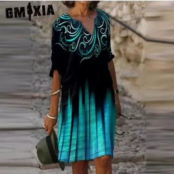 GMXIA Летний принт Свободный бамбуковое волокно пенька цветочный короткий рукав женский винтажный литературный круглый вырез рукав пять четвертей S
