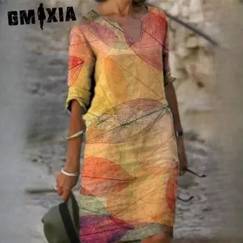 GMXIA Летний принт Свободный бамбуковое волокно пенька цветочный короткий рукав женский винтажный литературный круглый вырез рукав пять четвертей S