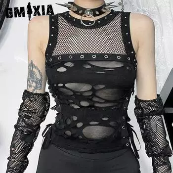 GMXIA Летний сексуальный микро прозрачный топ Spice Girl темный стиль индивидуальный тренд рваный тканевый жилет женский вязаный жилет S