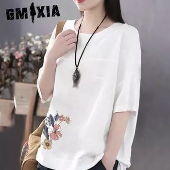 GMXIA Летний стиль однотонная повседневная рубашка с короткими рукавами из хлопка и льна, свободная базовая рубашка большого размера для женщин M