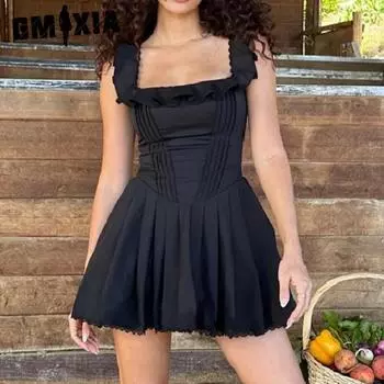 GMXIA Летний темперамент квадратный воротник с деревянным краем ушка корсет платье для женщин S чёрный