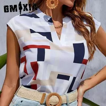 GMXIA Летний топ-пуловер с геопринтом, рукавами «летучая мышь», V-образным вырезом и вырезом горловины S