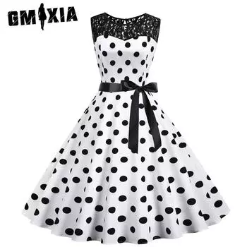 GMXIA Летний винтажный женский кружевной комбинезон с круглым вырезом без рукавов в горошек в стиле пэчворк с черным поясом на талии S белый