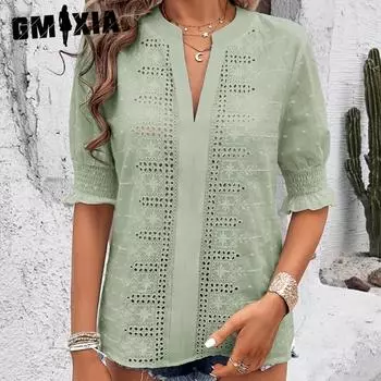 GMXIA Летний женский повседневный пуловер с V-образным вырезом и рукавами-фонариками, однотонная свободная футболка S синий