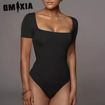 GMXIA Летний женский сексуальный обтягивающий комбинезон с квадратным воротником и короткими рукавами S чёрный
