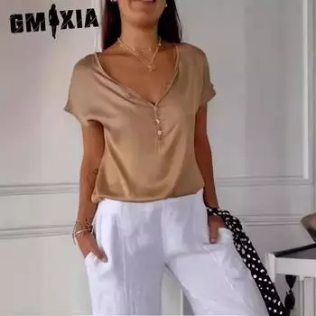 GMXIA Летний женский свободный повседневный простой женский топ с короткими рукавами для пригородных поездок S светло-коричневого