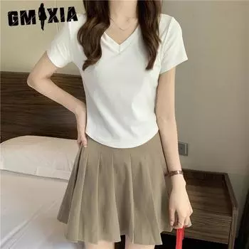 GMXIA Летняя футболка Dopamine Wear с V-образным вырезом и короткими рукавами для женщин, тонкая, однотонная, базовая, нестандартная, короткая, топ-тренд M зелёный