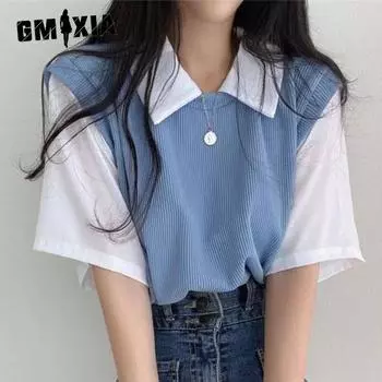 GMXIA Летняя футболка-поло с лацканами Fake Two College Style Color Collision с короткими рукавами Женская свободная повседневная универсальная футболка S синий