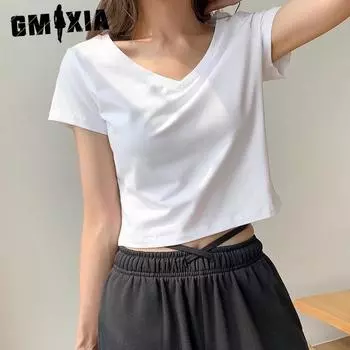 GMXIA Летняя хлопковая футболка с короткими рукавами, женская короткая белая базовая рубашка, облегающий укороченный топ свободного кроя Niche S