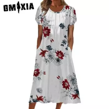 GMXIA Летняя мода Дамы Скидка Напечатанный круглый вырез платье Карман Макси Платье Дамы S