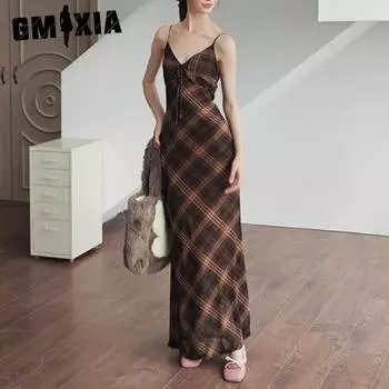 GMXIA Летняя мода в стиле ретро в клетку, чистое платье на бретельках для девочек, женское платье S коричневый