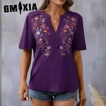 GMXIA Летняя мода, вышивка десять тысяч стежков, кружевной топ для женщин, футболка S армия зеленый