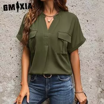 GMXIA Летняя рубашка с коротким рукавом, однотонная, с V-образным вырезом, карманом, элегантная рубашка для женщин S армия зеленый