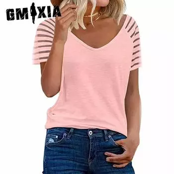 GMXIA Летняя сетчатая рубашка с V-образным вырезом, однотонная, с короткими рукавами, повседневная свободная футболка для женщин S чёрный