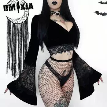 GMXIA Летняя сексуальная перспектива Мидифф Базовая рубашка с длинным рукавом Темпераментная кружевная вставка с расклешенными рукавами Топ для женщин S чёрный