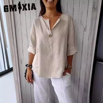 GMXIA Летняя свободная футболка женская с V-образным вырезом из хлопка и льна на пуговицах S белый