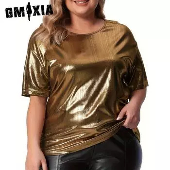 GMXIA Летняя свободная версия большого размера с круглым вырезом, однотонная футболка золотистого цвета с короткими рукавами XL золотой