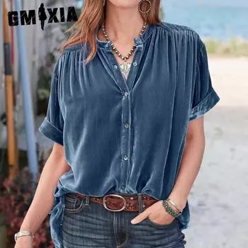 GMXIA Летняя весенняя женская рубашка канареечного цвета с коротким рукавом и круглым вырезом S розы красного