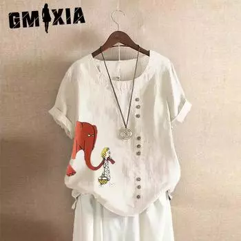 GMXIA Летняя винтажная футболка больших размеров из хлопка и льна с коротким рукавом, повседневная свободная футболка из хлопка и льна для женщин, женская одежда больших размеров S