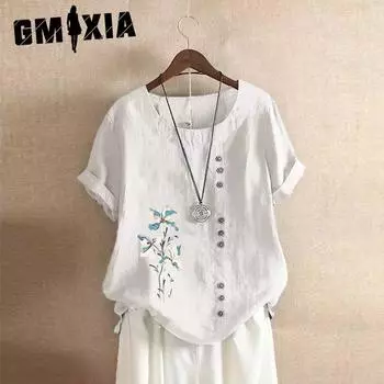 GMXIA Летняя винтажная футболка больших размеров из хлопка и льна с коротким рукавом, повседневная свободная футболка из хлопка и льна для женщин, женская одежда больших размеров S