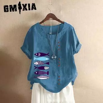 GMXIA Летняя винтажная футболка больших размеров из хлопка и льна с коротким рукавом, повседневная свободная футболка из хлопка и льна для женщин, женская одежда больших размеров S