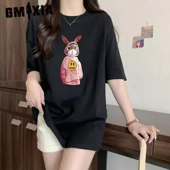 GMXIA Летняя винтажная женская футболка с принтом из чистого хлопка с коротким рукавом, женская свободная повседневная футболка с женским топом S