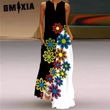 GMXIA Летняя женская длинная юбка без рукавов с V-образным вырезом и принтом в виде зеленого цветка 48 Elements Женская одежда S