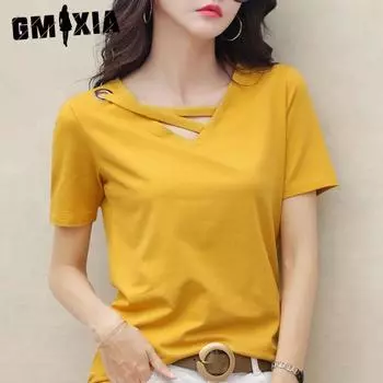 GMXIA Летняя женская футболка с коротким рукавом и V-образным вырезом, дизайнерская, свободного покроя, для студентов, размер плюс, топ-тренд M белый