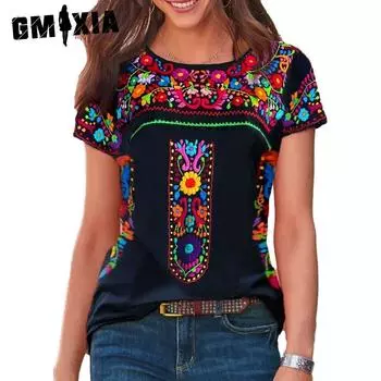 GMXIA Летняя женская футболка с круглым вырезом и коротким рукавом с принтом «Бохо» для женщин S тёмно-синий