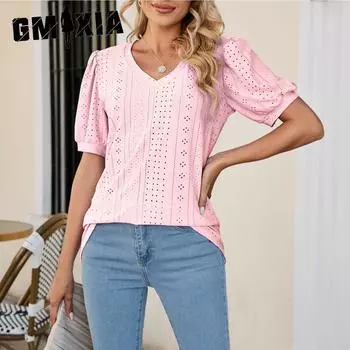 GMXIA Летняя женская футболка с круглым вырезом и баской S фиолетовый