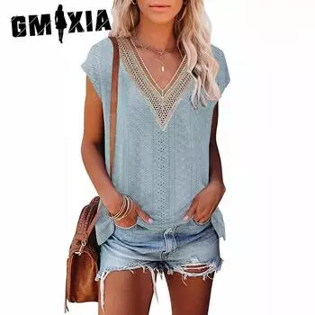 GMXIA Летняя женская футболка с V-образным вырезом и кружевной отделкой S белый