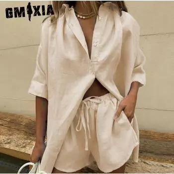 GMXIA Летняя женская однотонная однобортная рубашка с короткими рукавами, брюки из двух частей, широкие шорты со шнуровкой S белый