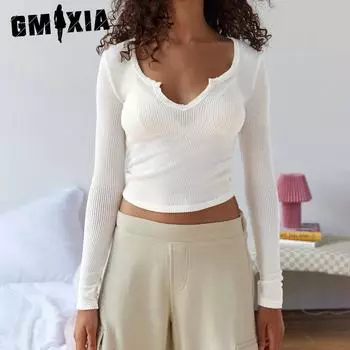 GMXIA Летняя женская однотонная ребристая футболка с V-образным вырезом и длинными рукавами, трикотажный топ Spice Girl S