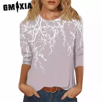 GMXIA Летняя женская повседневная футболка с рукавом семь четвертей Праздничная рубашка S серый