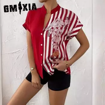 GMXIA Летняя женская повседневная рубашка с полуоткрытым воротником и модным принтом в стиле пэчворк S белый