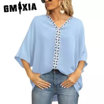 GMXIA Летняя женская рубашка из шифона с рукавами «летучая мышь» и V-образным вырезом с короткими рукавами S белый