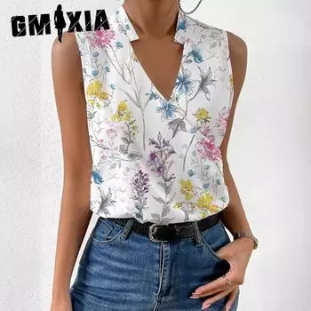 GMXIA Летняя женская рубашка с принтом и V-образным вырезом. Дизайн рубашки. S белый