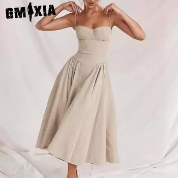 GMXIA Лето Весна Без Рукавов Винтаж Макси Платье Суд Ветер Допамин Носить Бретельки Платье Женщин S хаки