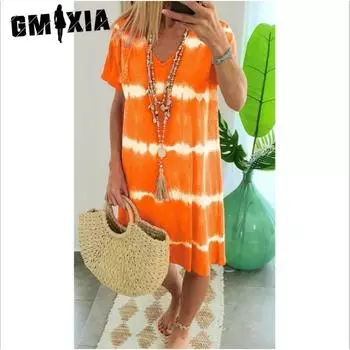 GMXIA Лето-Весна Платье с V-образным вырезом и короткими рукавами в стиле тай-дай S жёлтый